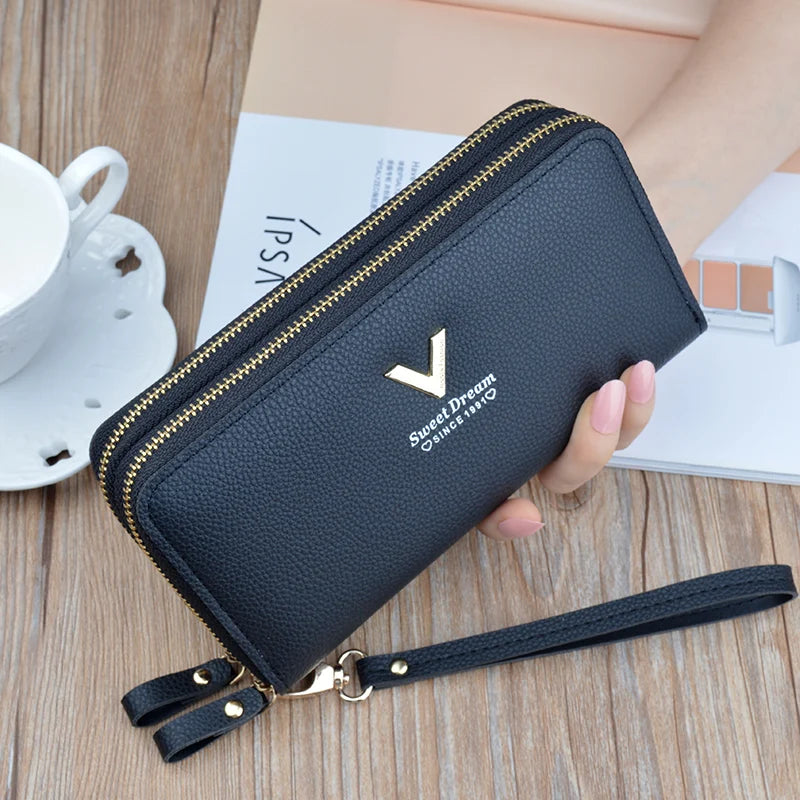 Women Double Zipper Long Wallet Large Capacity Lady Coin Purse Cell Phone Bag Credit Cards Holder Money Clutch Solid PU Leather