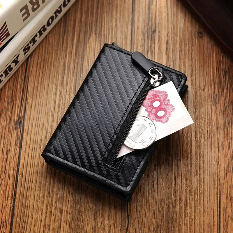 2024 New Anti Rfid Id Card Holder Case Men Leather Metal Wallet Male Coin Purse Women Mini Carbon Credit Card Holder with Zipper