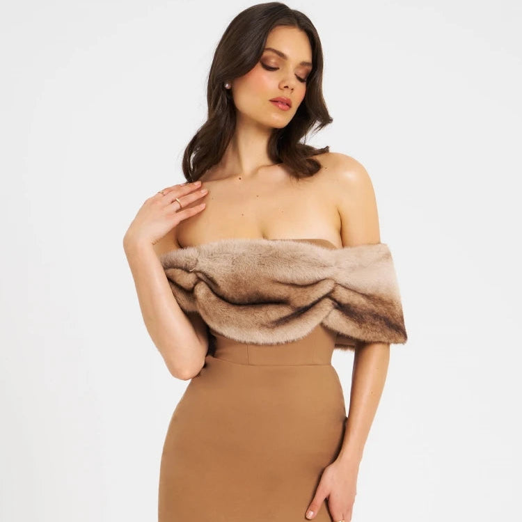 Sexy Off The Shoulder Fur Design Mini Dress Women Camel Sleeveless Furs Folds Bodycon Dresses Evening Party Cocktail Club Gowns