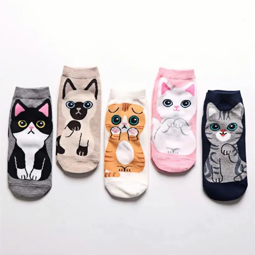 5 Pairs Women's Cute Cat Cartoon Short Socks Spring and Summer New Breathable Cotton Socks