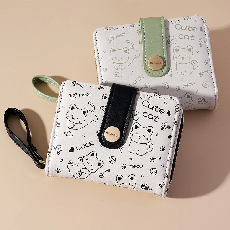 Japanese Cute Cat Girls Wallet Short Student Id/Bank Card Holder Money Bag Zipper Wallets For Women Key Storage Purse