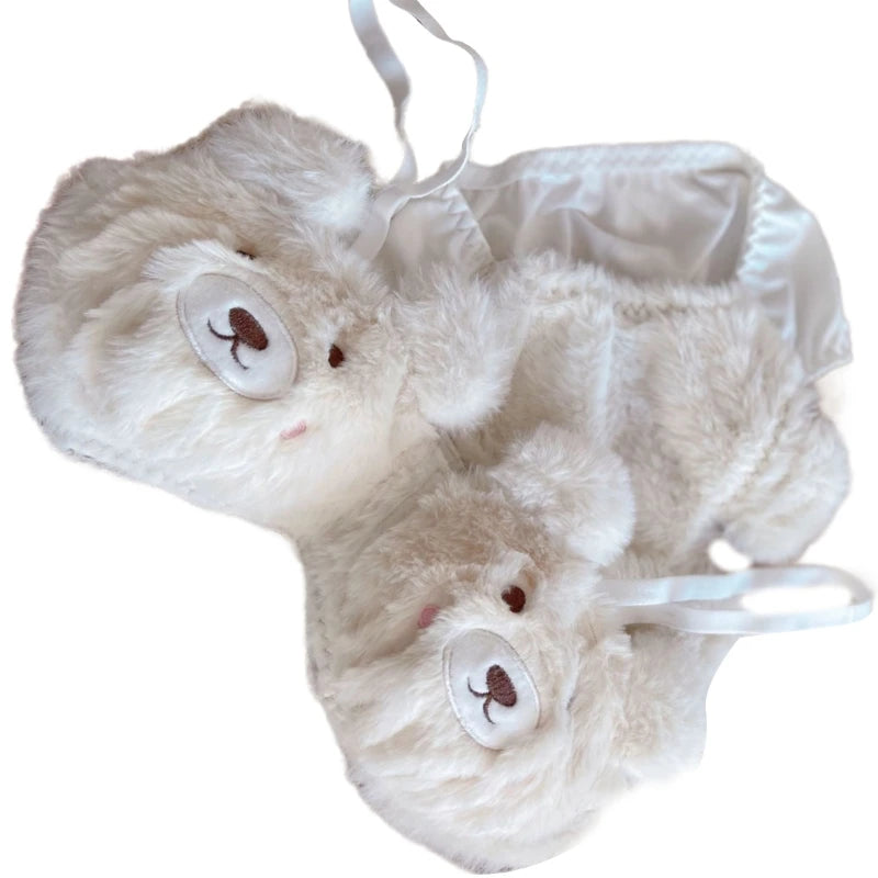 Set di biancheria intima con gatti divertenti, reggiseno e mutandine in pelliccia sintetica, set di lingerie in peluche, adorabile set di reggiseno con cartoni animati, regali di festa per le donne