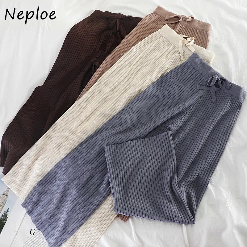 Neploe Knitted Pants Women New Fashion Korean Solid Lace Up Stretch Waist Trousers Casual Loose Wide Leg Pants Femme 42747