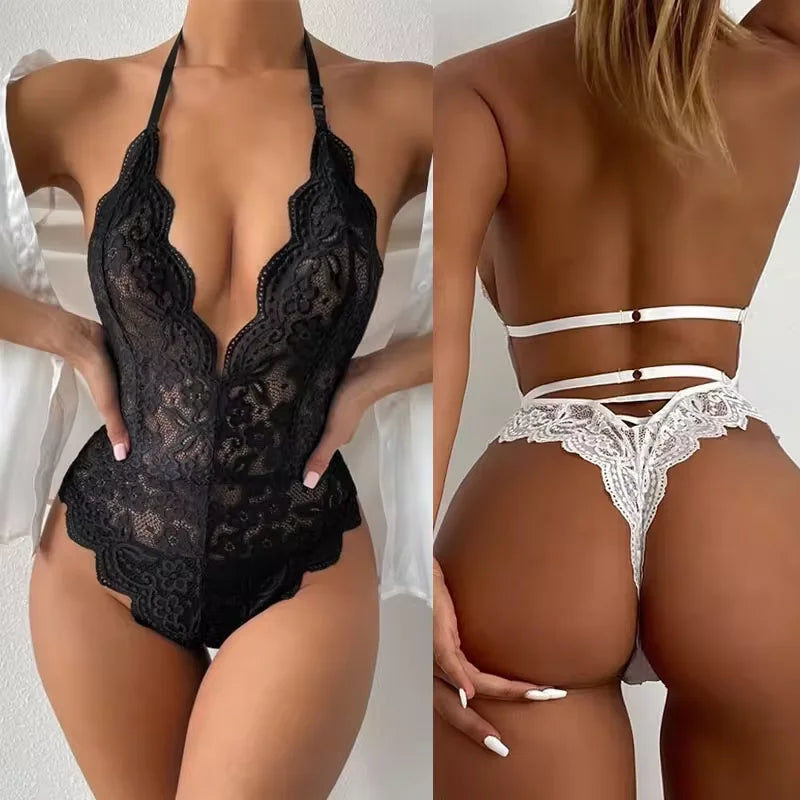 Deep V Lace Perspective Bodysuit Hollow Bra Open Crotch Set Erotic Costumes Teddy BabyDoll Dress Sexy Sex Hot Lingerie Sleepwear