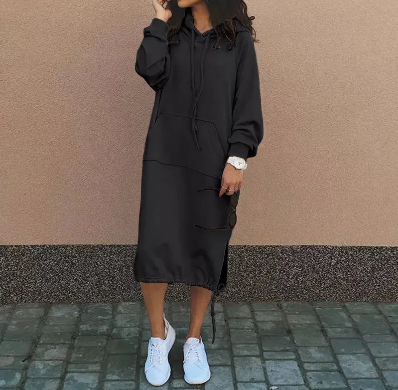 Autumn Winter Fashion Hoodie Long Sleeve Solid Color Dresses Women'S Simple Loose Pocket Drawstring Hoodie Casual Female Dress