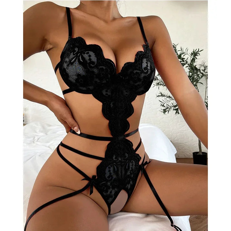 Hot Sexy Lingerie Lace Open Bra Set Ruffle Transparent Underwear Erotic Lingerie Sexy Bodysuit Erotic Sleepwear for Women