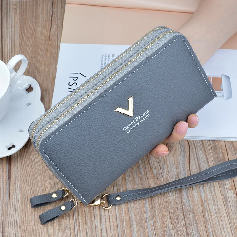 Women Double Zipper Long Wallet Large Capacity Lady Coin Purse Cell Phone Bag Credit Cards Holder Money Clutch Solid PU Leather