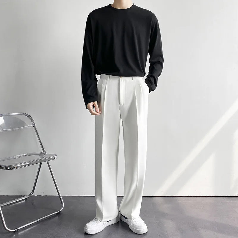 Nuovi pantaloni dritti drappeggiati da uomo, alla moda, da lavoro, coreani, larghi, casual, bianchi, neri, grigi, pantaloni a gamba larga, pantaloni da completo da uomo