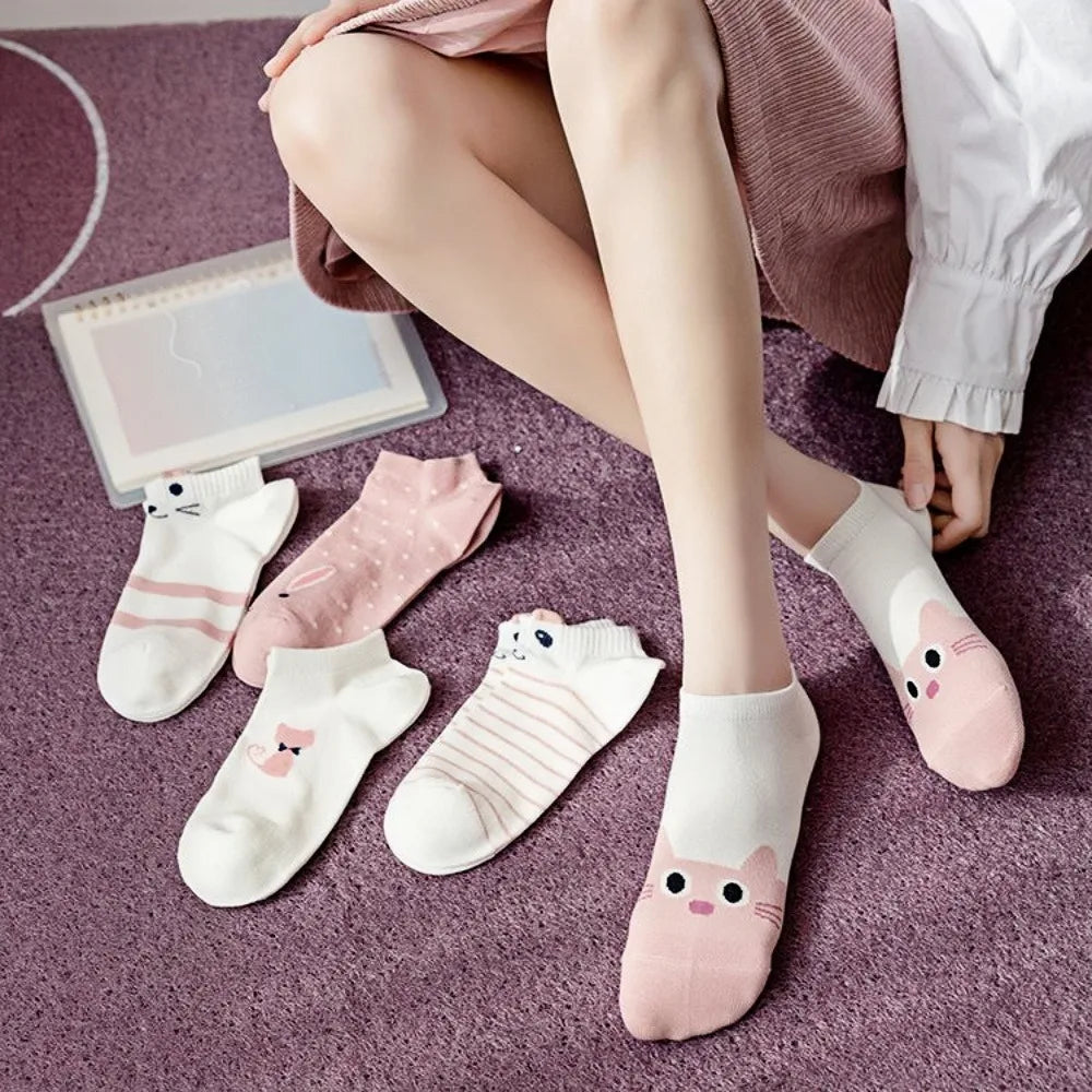 5 pairs Women's pink socks, cute style socks, popular spring and summer cotton socks, cute rabbit socks