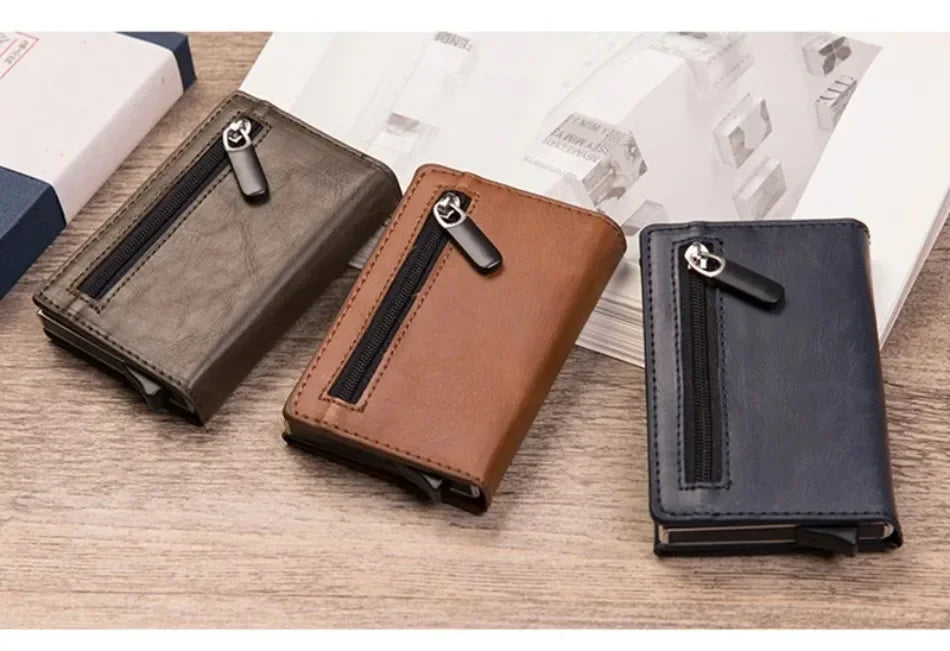 2024 New Anti Rfid Id Card Holder Case Men Leather Metal Wallet Male Coin Purse Women Mini Carbon Credit Card Holder with Zipper