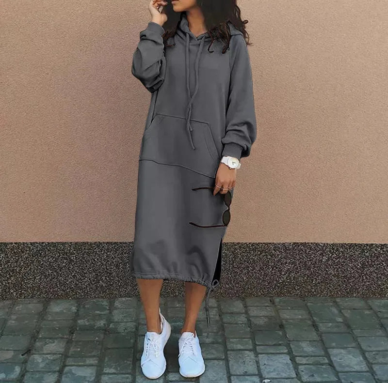 Autumn Winter Fashion Hoodie Long Sleeve Solid Color Dresses Women'S Simple Loose Pocket Drawstring Hoodie Casual Female Dress