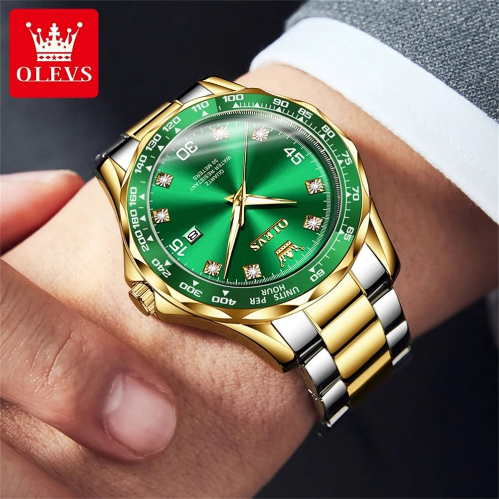 OLEVS Original Men's Watches Fashion Luxury Green Water Ghost Waterproof Stainless steel Luminous Quartz Watch for Man 2024 NEW