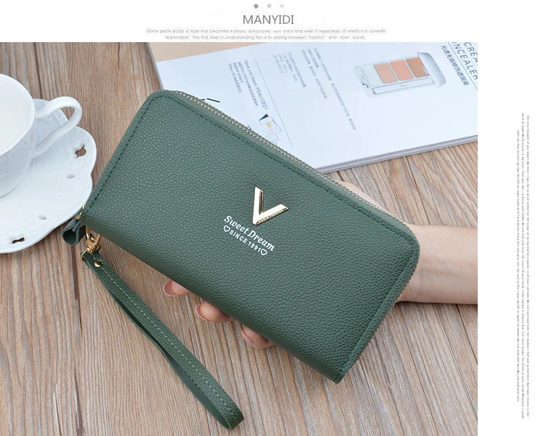 Women Double Zipper Long Wallet Large Capacity Lady Coin Purse Cell Phone Bag Credit Cards Holder Money Clutch Solid PU Leather