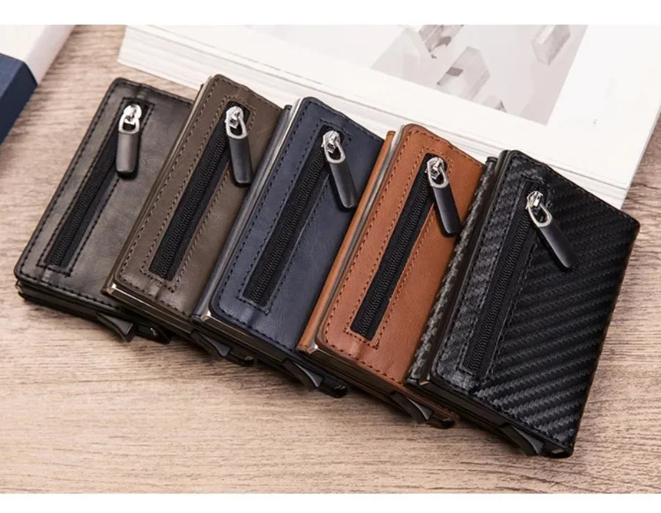 2024 New Anti Rfid Id Card Holder Case Men Leather Metal Wallet Male Coin Purse Women Mini Carbon Credit Card Holder with Zipper