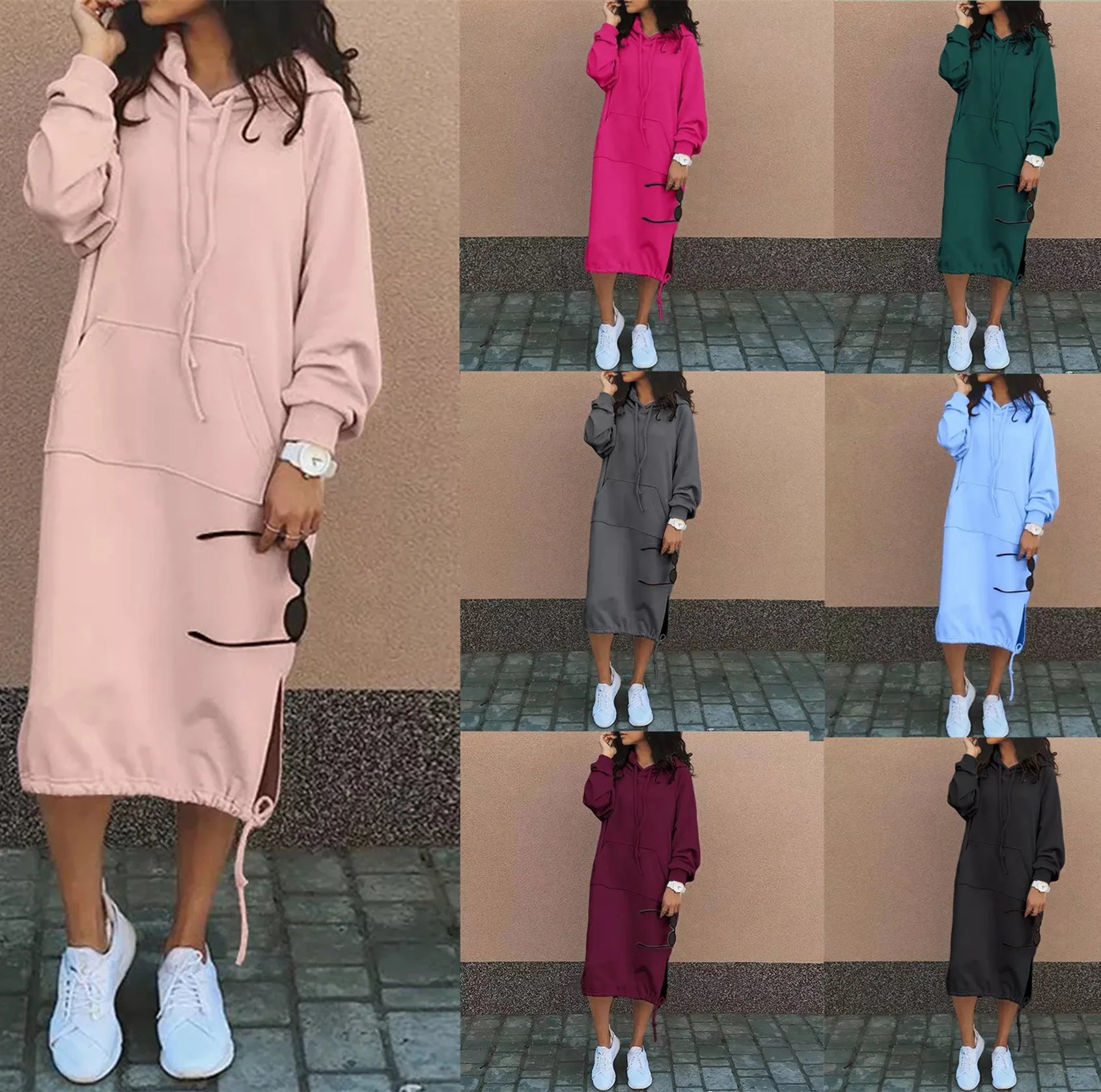 Autumn Winter Fashion Hoodie Long Sleeve Solid Color Dresses Women'S Simple Loose Pocket Drawstring Hoodie Casual Female Dress