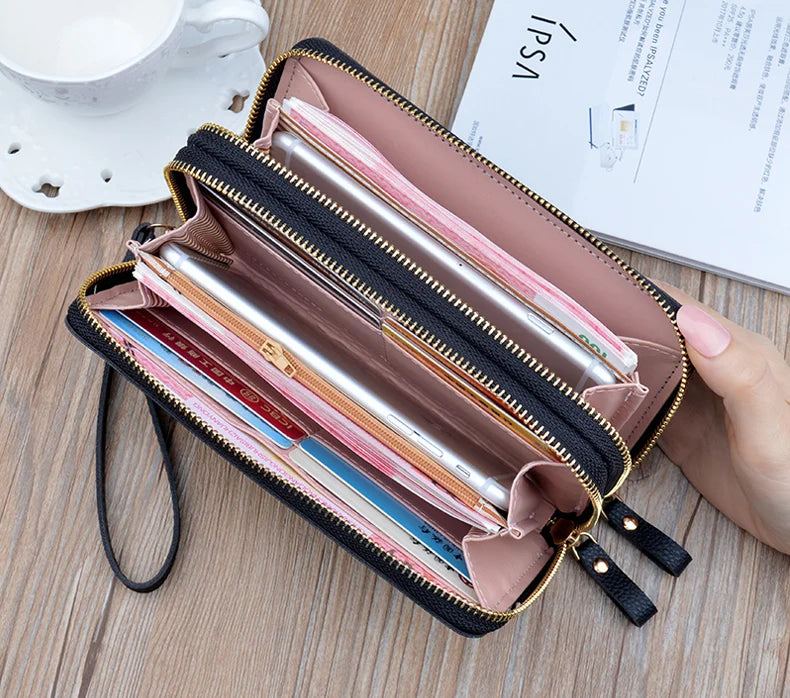 Women Double Zipper Long Wallet Large Capacity Lady Coin Purse Cell Phone Bag Credit Cards Holder Money Clutch Solid PU Leather