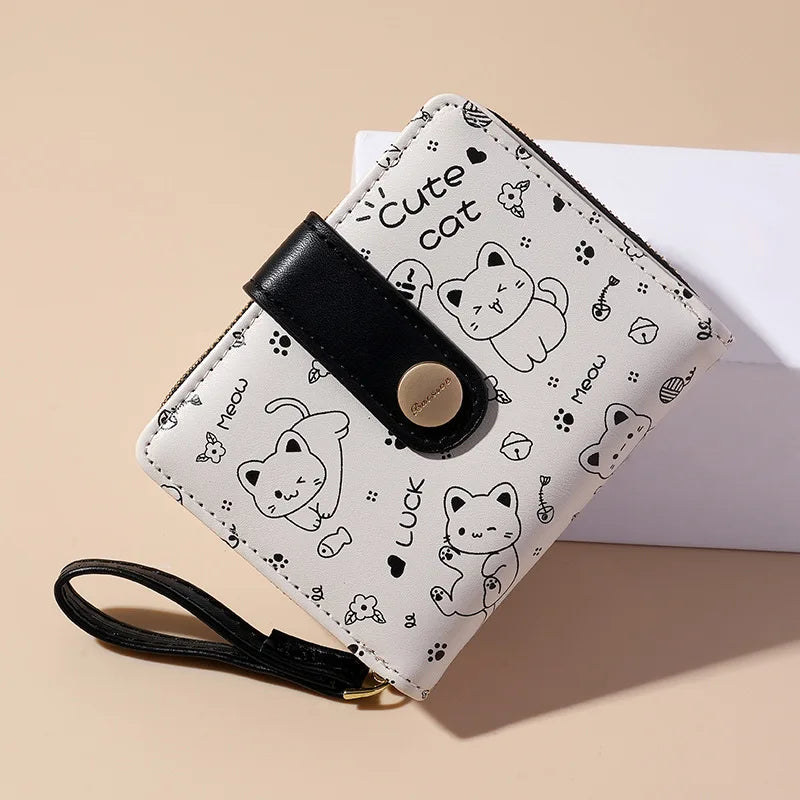 Japanese Cute Cat Girls Wallet Short Student Id/Bank Card Holder Money Bag Zipper Wallets For Women Key Storage Purse