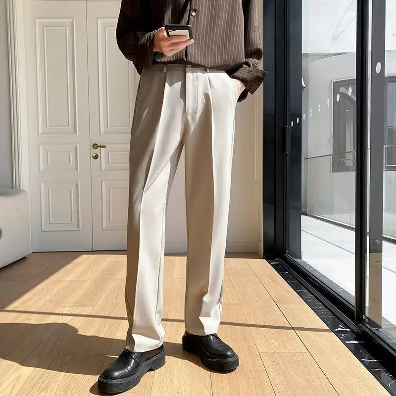 Nuovi pantaloni dritti drappeggiati da uomo, alla moda, da lavoro, coreani, larghi, casual, bianchi, neri, grigi, pantaloni a gamba larga, pantaloni da completo da uomo