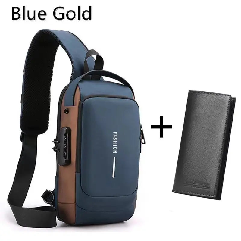 Borsa da viaggio antifurto Borsa da petto con ricarica USB maschile Borsa da petto multifunzione in pelle verniciata Borsa a tracolla da uomo impermeabile