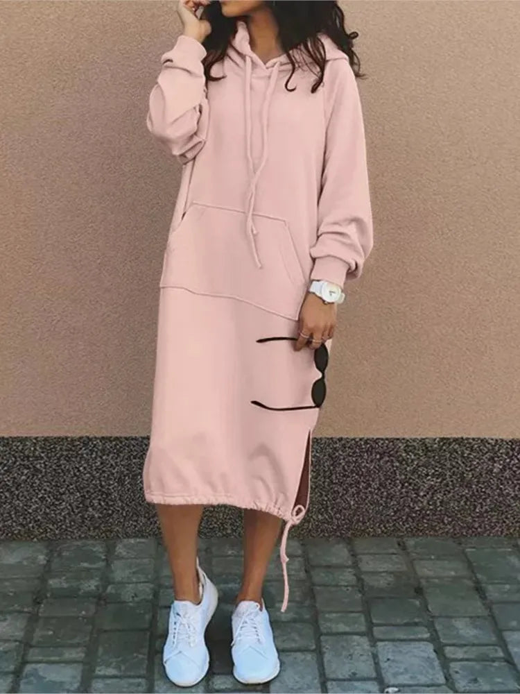 Autumn Winter Fashion Hoodie Long Sleeve Solid Color Dresses Women'S Simple Loose Pocket Drawstring Hoodie Casual Female Dress