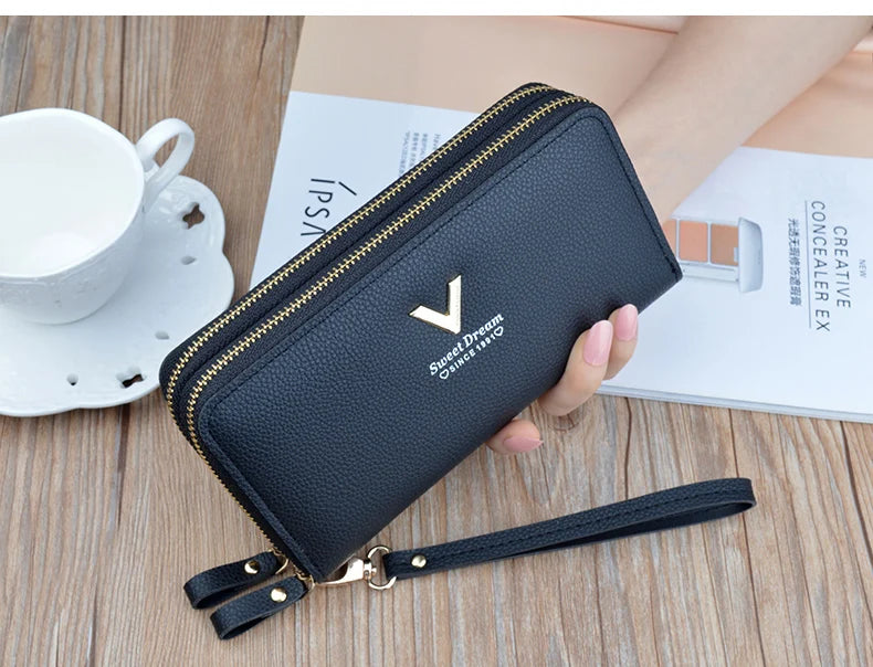 Women Double Zipper Long Wallet Large Capacity Lady Coin Purse Cell Phone Bag Credit Cards Holder Money Clutch Solid PU Leather