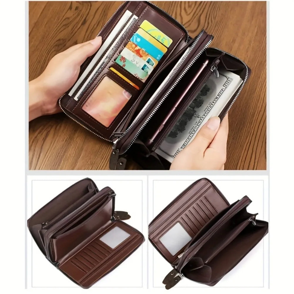 Oil Wax Leather Large Clutch Handbag Leather Zipper Around Wallets Wristlet Card Business Phone Wallet Case for Men