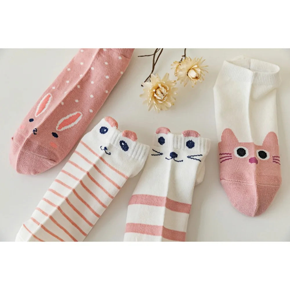 5 pairs Women's pink socks, cute style socks, popular spring and summer cotton socks, cute rabbit socks