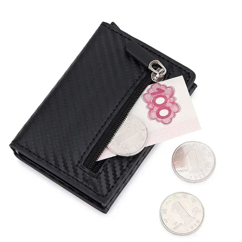 2024 New Anti Rfid Id Card Holder Case Men Leather Metal Wallet Male Coin Purse Women Mini Carbon Credit Card Holder with Zipper