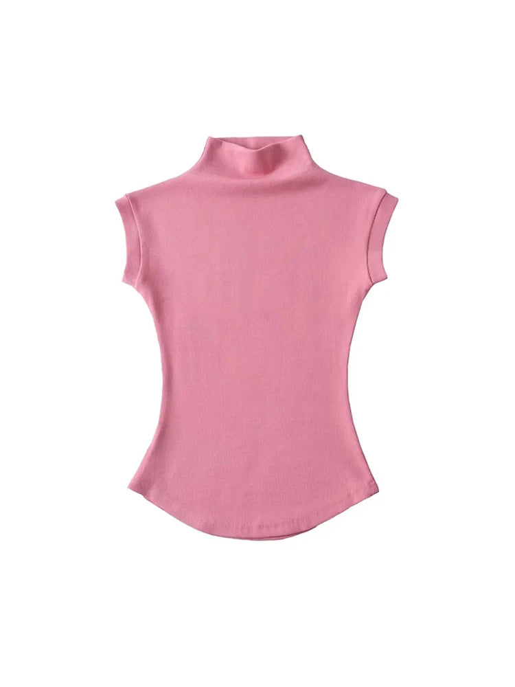 Magliette senza maniche sexy a collo alto estive da donna, maglioni aderenti tinta unita, magliette casual, magliette basiche da strada femminili