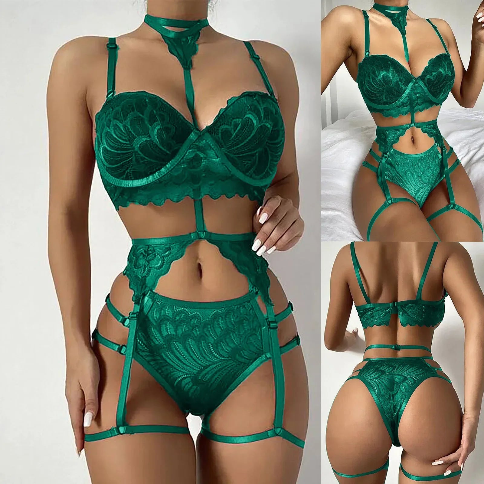 Completo lingerie sexy fantasy Reggiseno giarrettiere Mutandine trasparenti Set lingerie Set intimo sexy da donna Costumi sexy porno