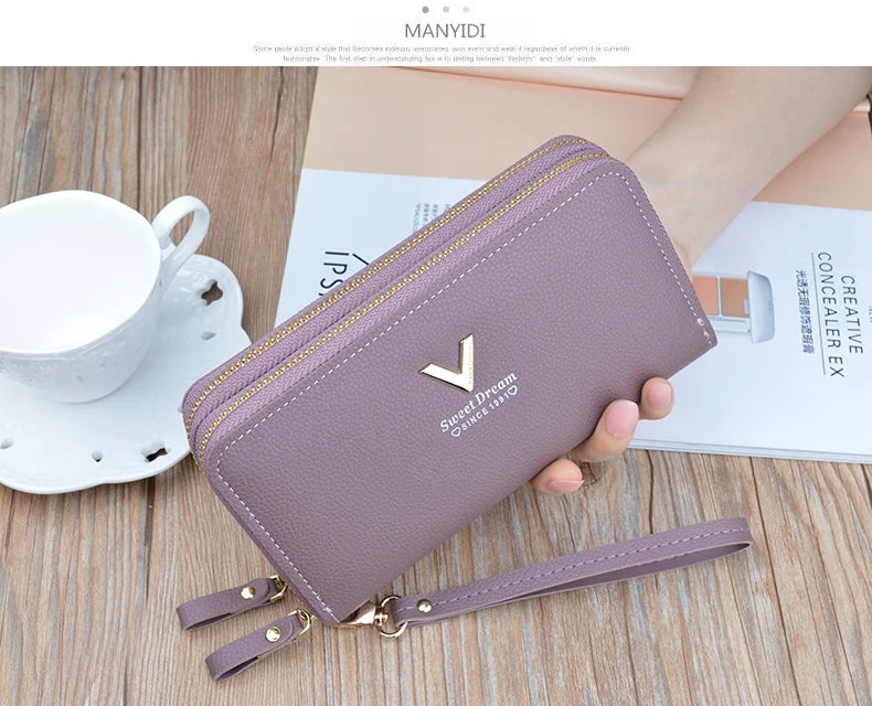 Women Double Zipper Long Wallet Large Capacity Lady Coin Purse Cell Phone Bag Credit Cards Holder Money Clutch Solid PU Leather