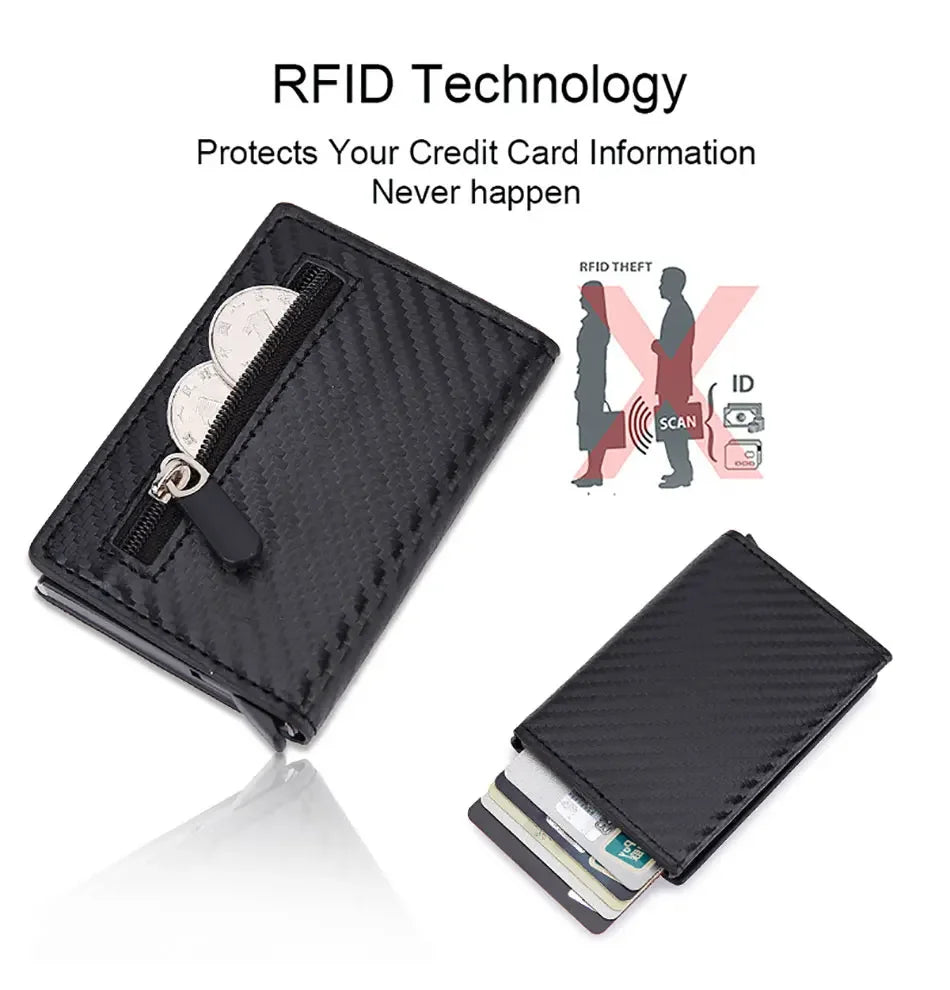 2024 New Anti Rfid Id Card Holder Case Men Leather Metal Wallet Male Coin Purse Women Mini Carbon Credit Card Holder with Zipper