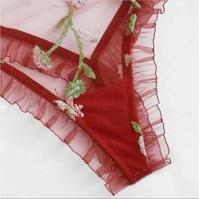 Sexy See-through Lace Embroidery Mesh Bow Suspenders Underwear Pajamas Set Lingerie Femme Sexy Lingerie For Women Intimo Donna