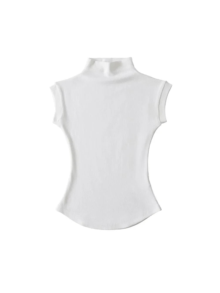 Magliette senza maniche sexy a collo alto estive da donna, maglioni aderenti tinta unita, magliette casual, magliette basiche da strada femminili