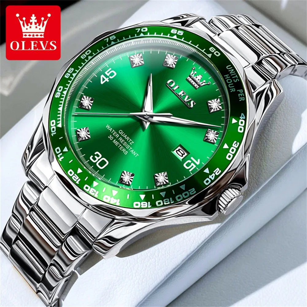 OLEVS Original Men's Watches Fashion Luxury Green Water Ghost Waterproof Stainless steel Luminous Quartz Watch for Man 2024 NEW