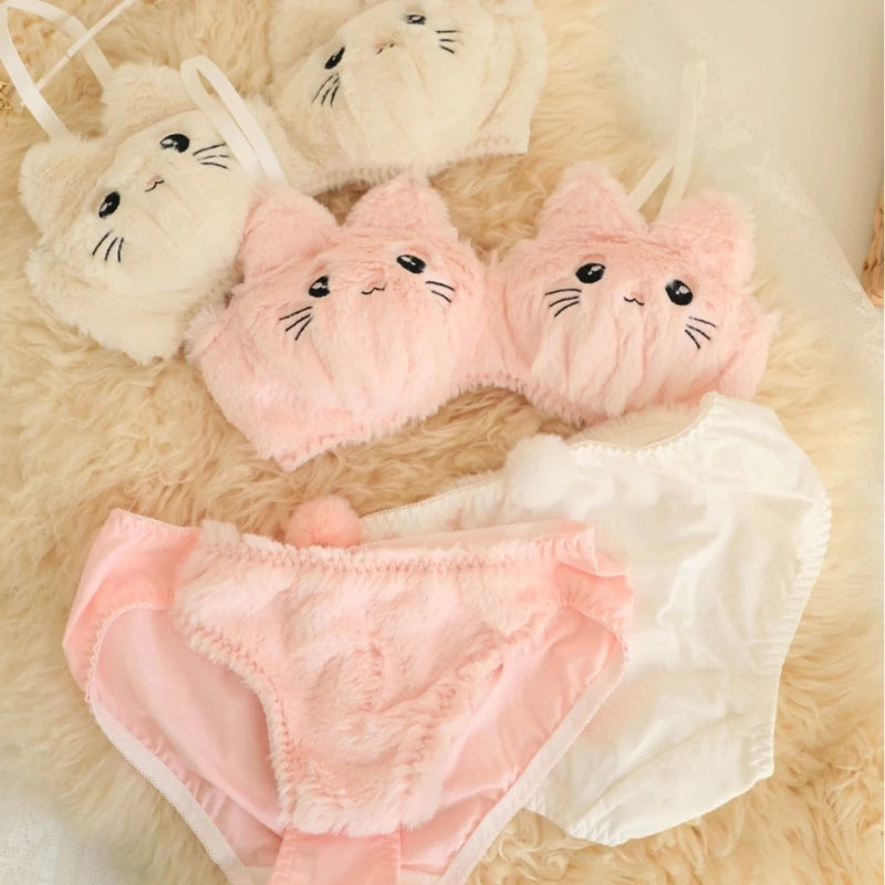 Set di biancheria intima con gatti divertenti, reggiseno e mutandine in pelliccia sintetica, set di lingerie in peluche, adorabile set di reggiseno con cartoni animati, regali di festa per le donne