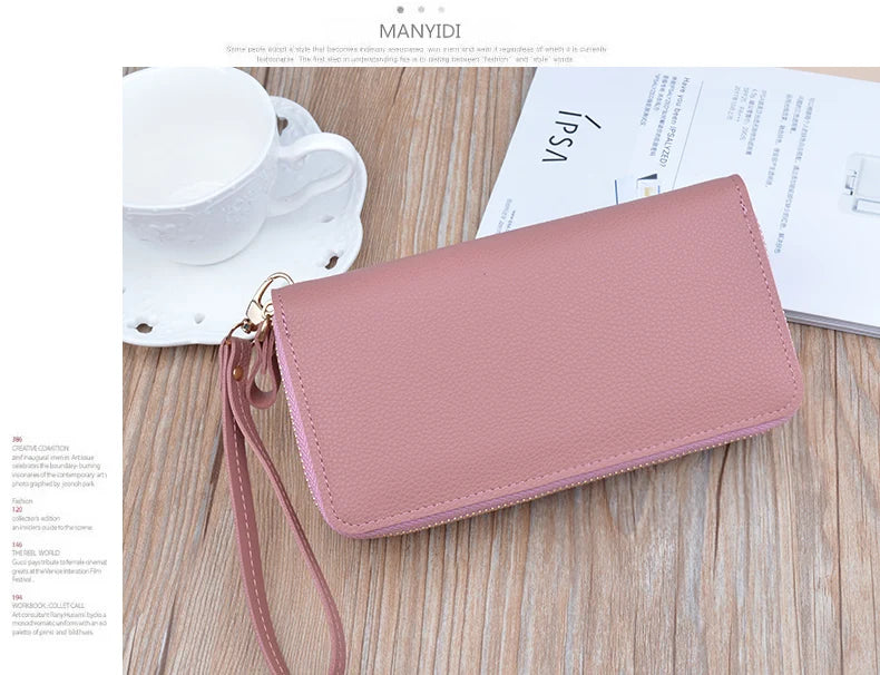 Women Double Zipper Long Wallet Large Capacity Lady Coin Purse Cell Phone Bag Credit Cards Holder Money Clutch Solid PU Leather