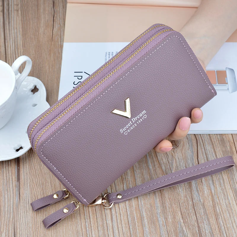 Women Double Zipper Long Wallet Large Capacity Lady Coin Purse Cell Phone Bag Credit Cards Holder Money Clutch Solid PU Leather