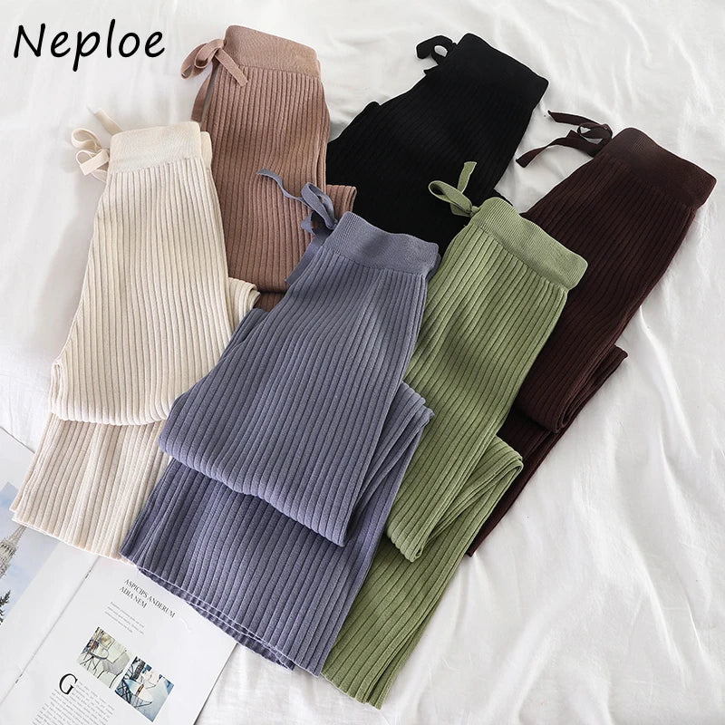 Neploe Knitted Pants Women New Fashion Korean Solid Lace Up Stretch Waist Trousers Casual Loose Wide Leg Pants Femme 42747