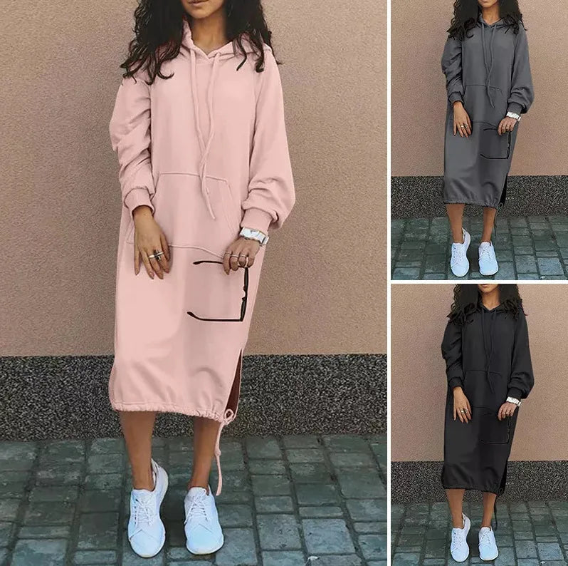 Autumn Winter Fashion Hoodie Long Sleeve Solid Color Dresses Women'S Simple Loose Pocket Drawstring Hoodie Casual Female Dress