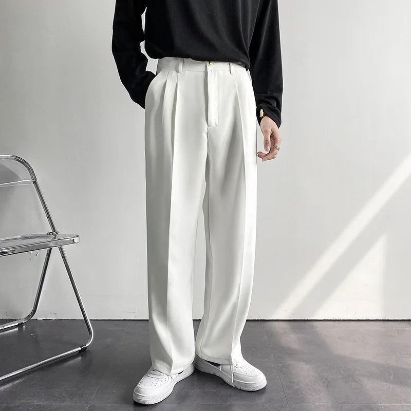 Nuovi pantaloni dritti drappeggiati da uomo, alla moda, da lavoro, coreani, larghi, casual, bianchi, neri, grigi, pantaloni a gamba larga, pantaloni da completo da uomo