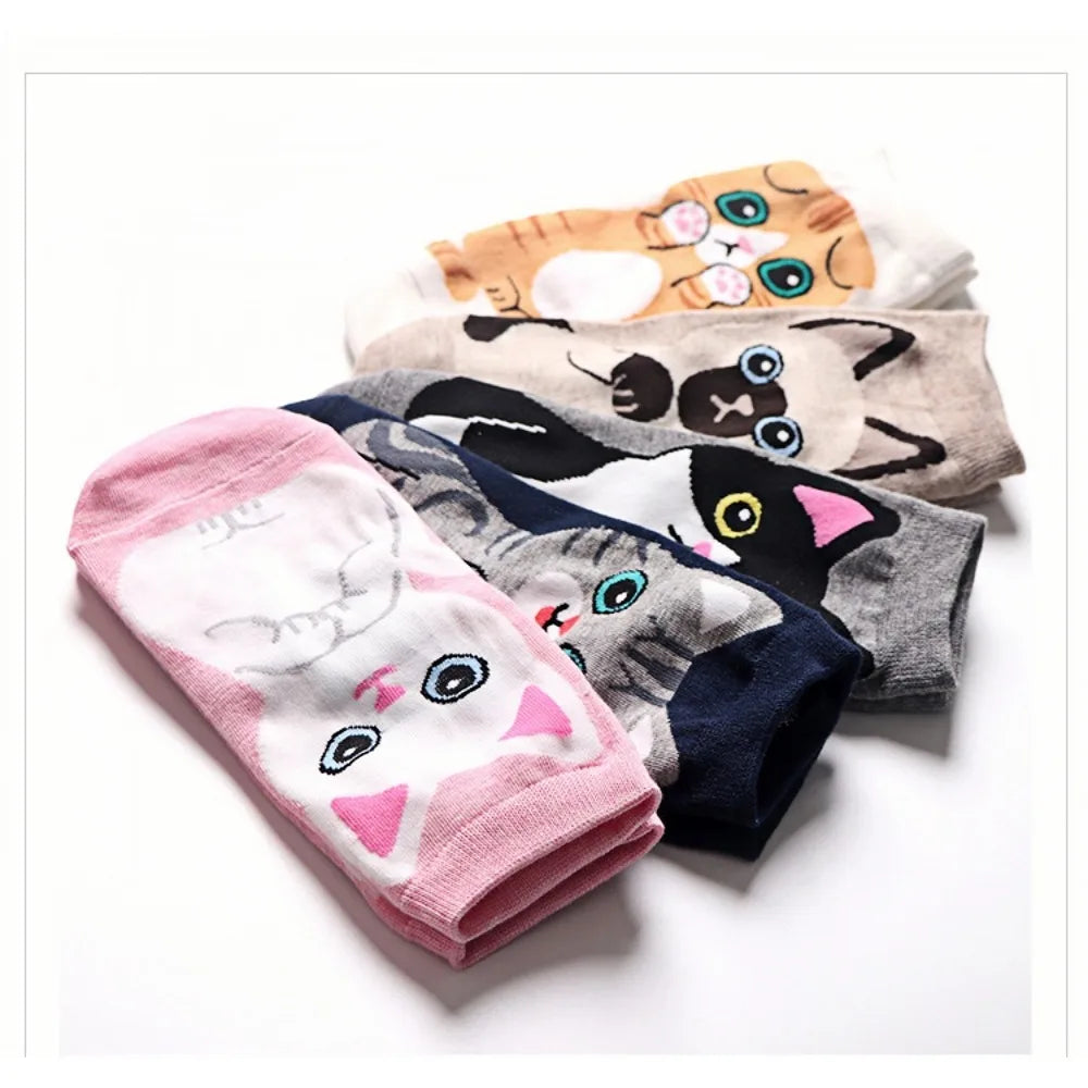 5 Pairs Women's Cute Cat Cartoon Short Socks Spring and Summer New Breathable Cotton Socks