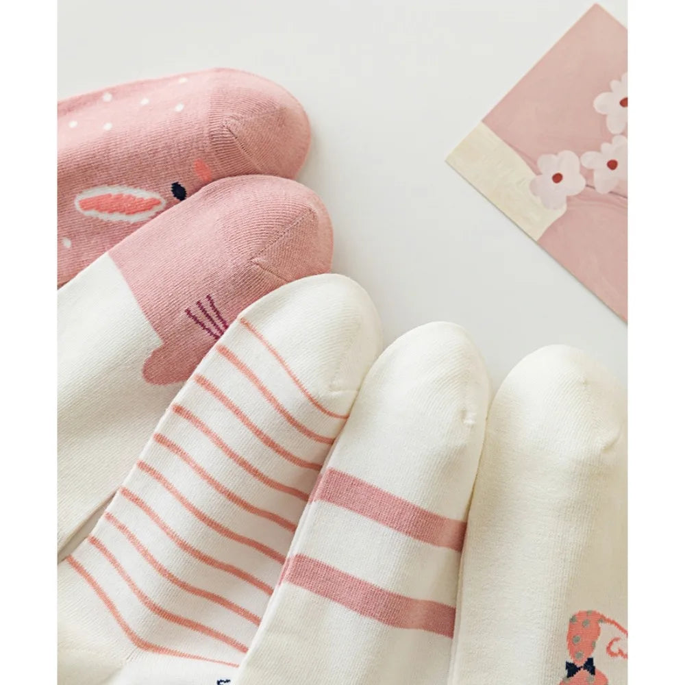 5 pairs Women's pink socks, cute style socks, popular spring and summer cotton socks, cute rabbit socks