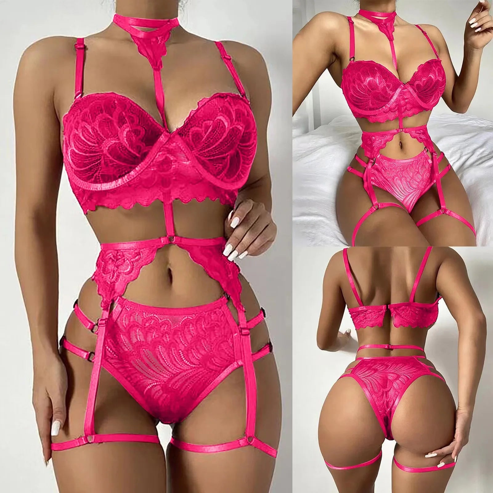 Completo lingerie sexy fantasy Reggiseno giarrettiere Mutandine trasparenti Set lingerie Set intimo sexy da donna Costumi sexy porno