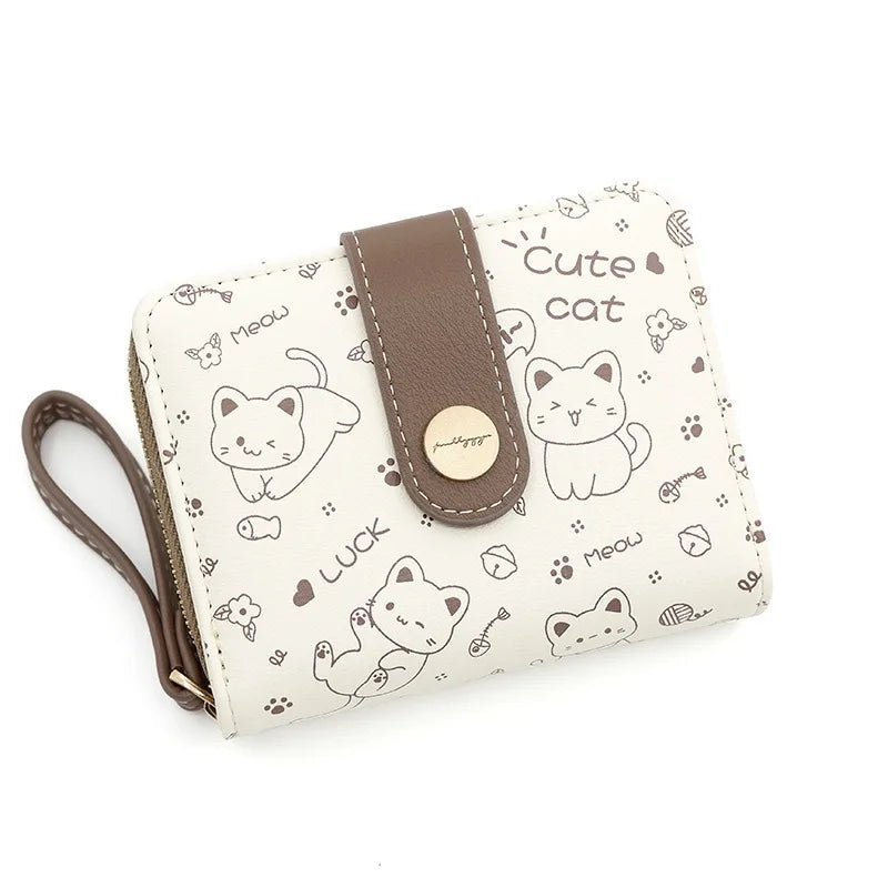 Japanese Cute Cat Girls Wallet Short Student Id/Bank Card Holder Money Bag Zipper Wallets For Women Key Storage Purse