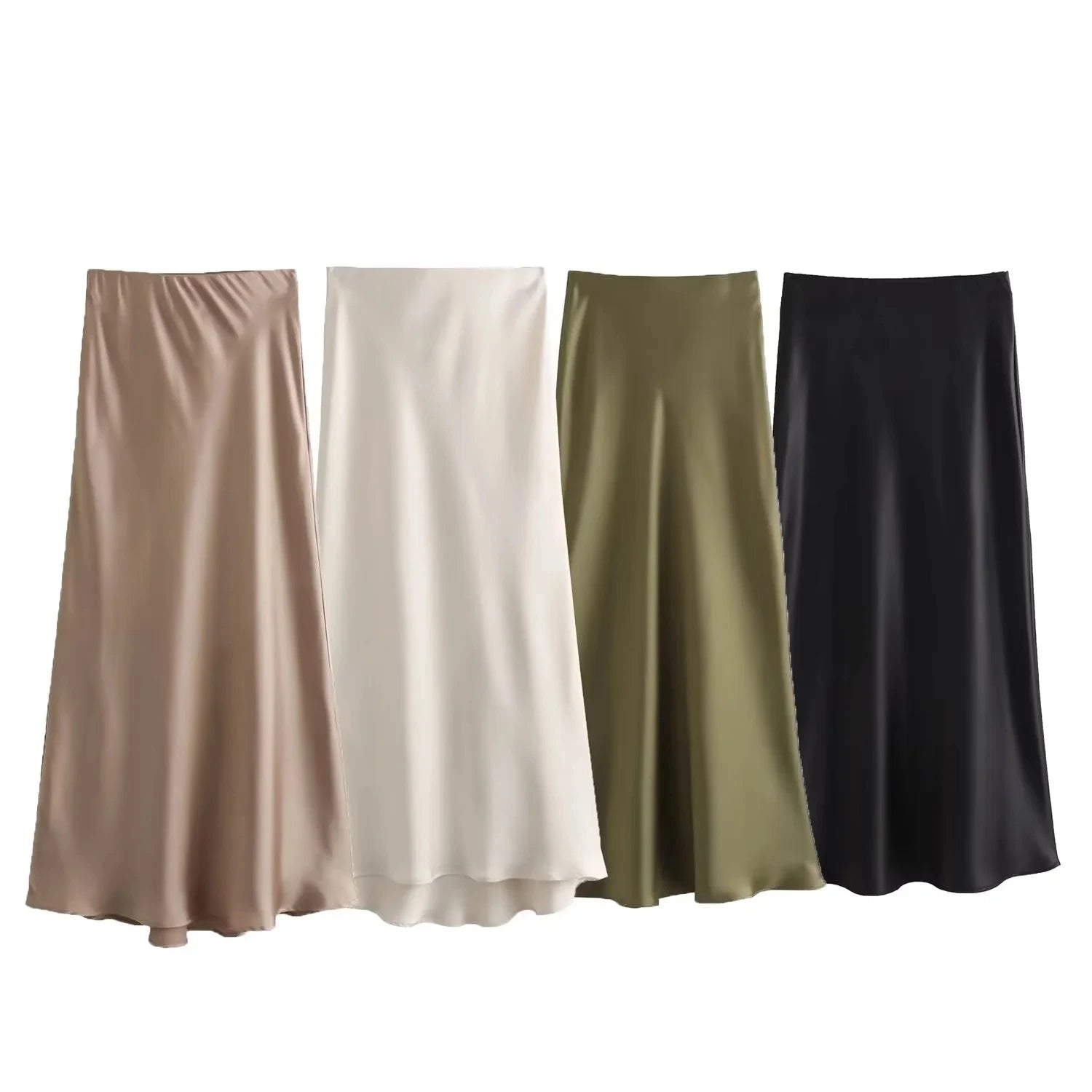 TRAFZA Women Elegant Solid Satin Long Skirt Chic Y2K High Waist Slim Skirts Female Fashion Silk Texture Ladies Tight Midi Skirt