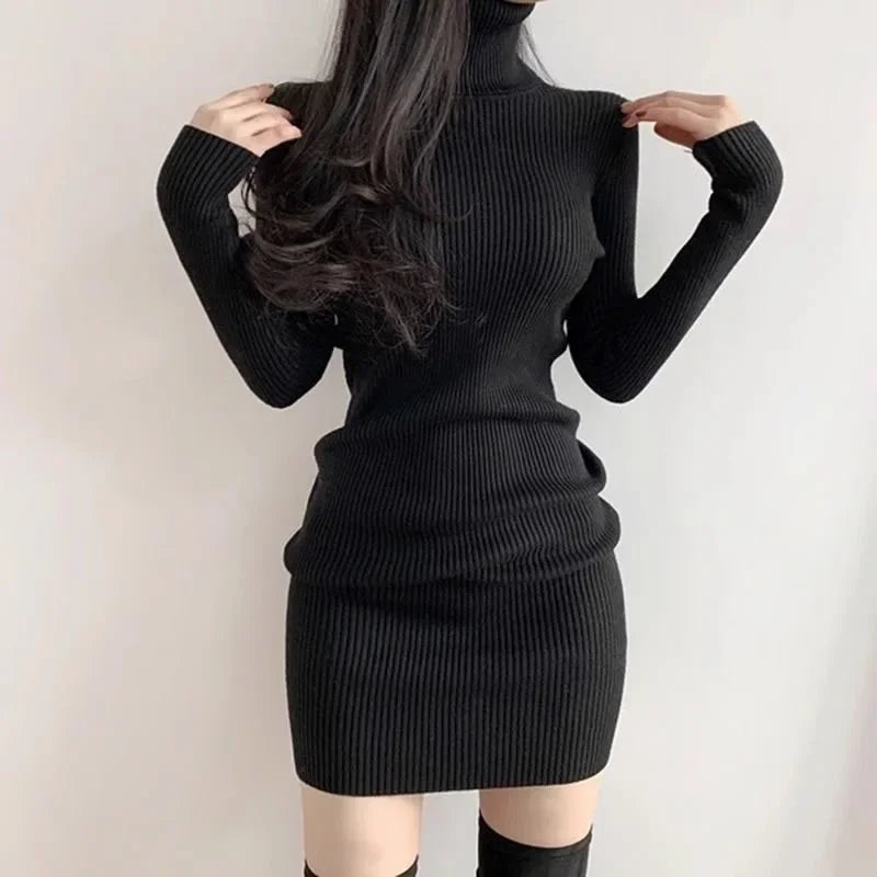 Fanan 2024 New Turtleneck Sweater Dresses Lady Sexy Slim Streetwear Bodycon Mini Dress Women Thick Basic Bottoming Dress Woman