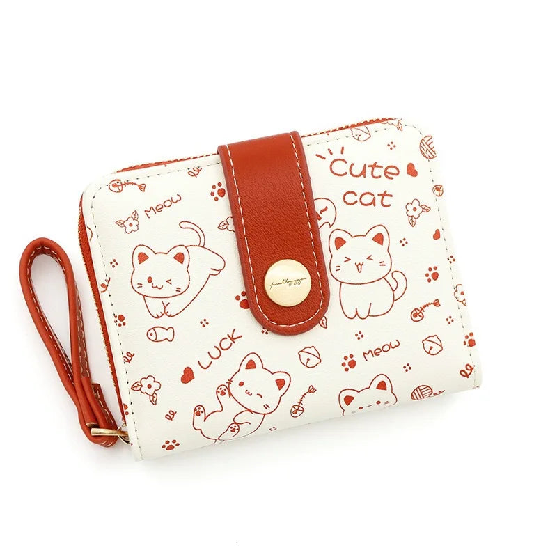 Japanese Cute Cat Girls Wallet Short Student Id/Bank Card Holder Money Bag Zipper Wallets For Women Key Storage Purse