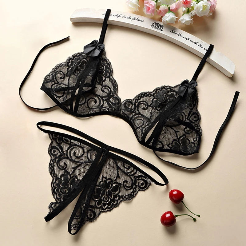 Set di 3 pezzi alla moda, reggiseno e slip patchwork fantasia con giarrettiere, biancheria intima in rete con prospettiva per donna, set di lingerie sexy erotica