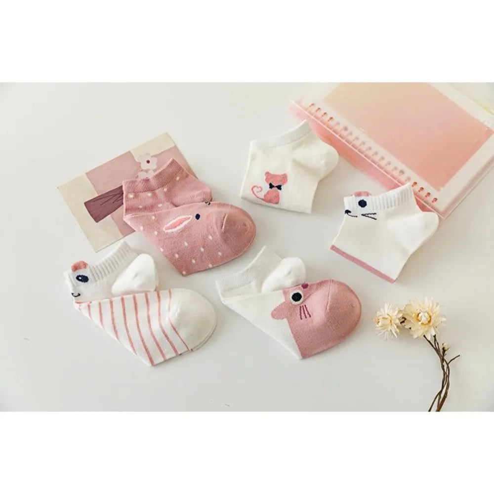 5 pairs Women's pink socks, cute style socks, popular spring and summer cotton socks, cute rabbit socks